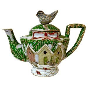 VTG Christmas MORIAGE Raised GOLD Decorative TEAPOT- Holly Leaves w/ BIRD FINIAL